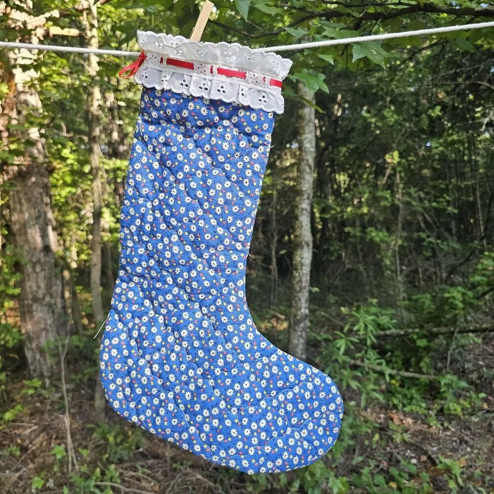 Vintage Quilted Blue Floral Christmas Stocking with Lace & Ribbon Accents